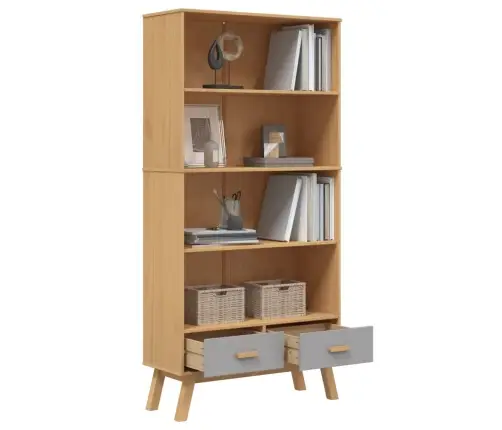 Knygų Spinta Olden, 4 Lentynos, Pilka Ir Ruda, Pušies Masyvas