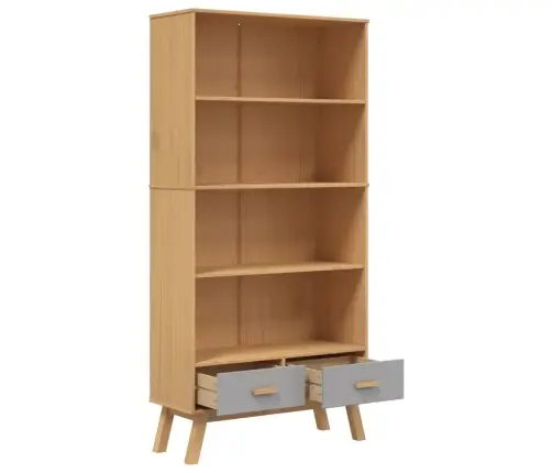 Knygų Spinta Olden, 4 Lentynos, Pilka Ir Ruda, Pušies Masyvas