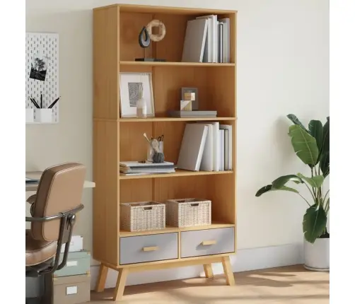 Knygų Spinta Olden, 4 Lentynos, Pilka Ir Ruda, Pušies Masyvas