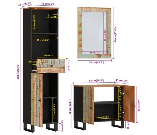 3-Daļīgs Vannasistabas Mēbeļu Komplekts, Pārstrādāts Masīvkoks Vidaxl