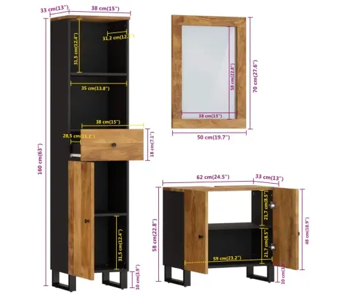 Vonios Kambario Baldų Komplektas, 3 Dalių, Mango Masyvas