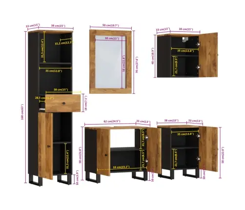 5-Osaline Vannitoamööbli Komplekt, Mangopuit