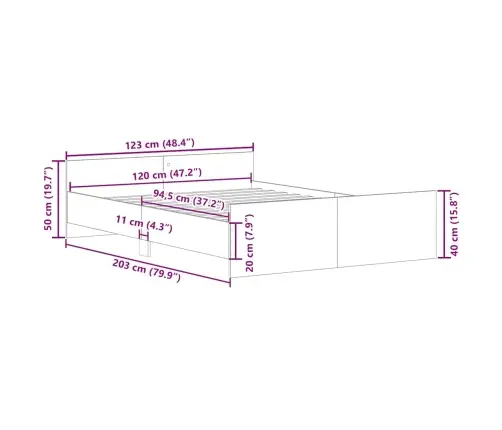 Gultas Rāmis Ar Galvgali Un Kājgali, Betona Pelēks, 120X200 Cm Vidaxl