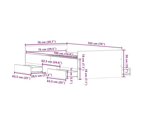 Peatsi Ja Jalutsiga Voodiraam, Betoonhall, 75 X 190 Cm