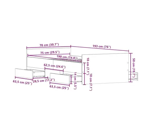 Peatsi Ja Jalutsiga Voodiraam, Suitsutatud Tamm, 75 X 190 Cm