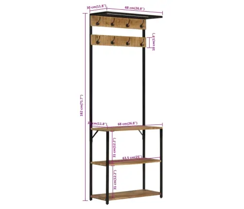 Riidenagi Jalatsiriiuliga 68X30X182 Cm Töötlemata Mangopuit