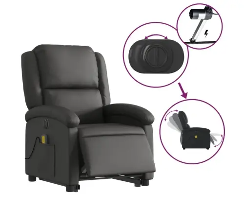 Elektrisks Masāžas Krēsls Paceļams/Atgāžams, Melna Dabīgā Āda Vidaxl