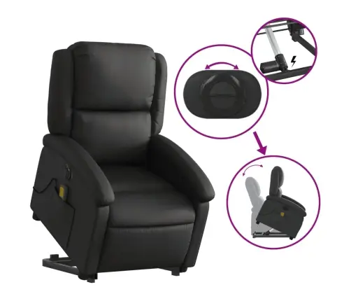 Elektrisks Masāžas Krēsls Paceļams/Atgāžams, Melna Dabīgā Āda Vidaxl