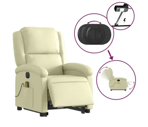 Atsistojantis Elektrinis Masažinis Krėslas, Kreminis, Tikra Oda