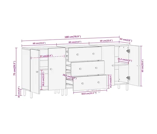 Skapīši, 3 Gab., Melns, 60X33X75 Cm, Mango Masīvkoks Vidaxl