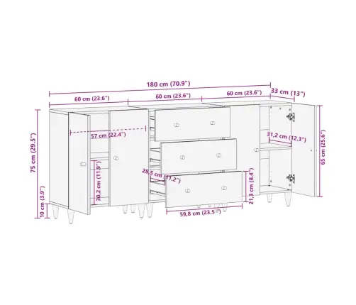 Šoninės Spintelės, 3Vnt., 60X33X75cm Mango Medienos Masyvas