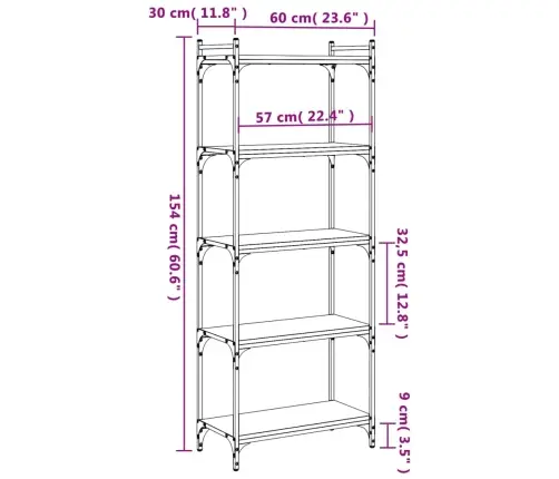 Knygų Spinta, 5 Aukštų, Pilka Ąžuolo, 60X30X154cm Mediena