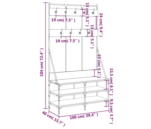 Drēbju Pakaramais Ar Apavu Plauktu, Ozola Krāsā, 100X40X184 Cm Vidaxl