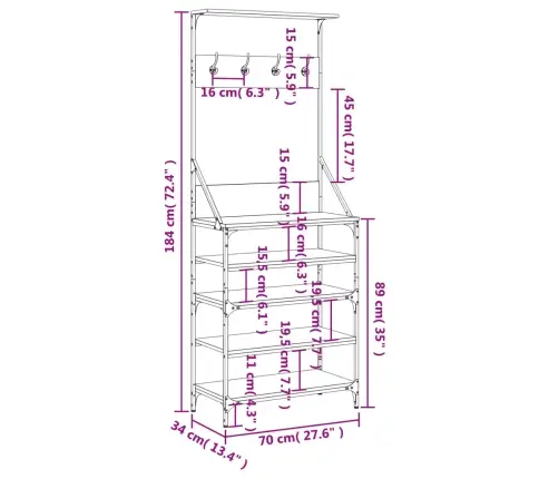 Drabužių Kabykla Su Batų Lentynomis, Pilka Ąžuolo, 70X34X184Cm