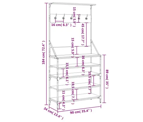 Drabužių Kabykla Su Batų Lentynomis, Pilka Ąžuolo, 90X34X184Cm