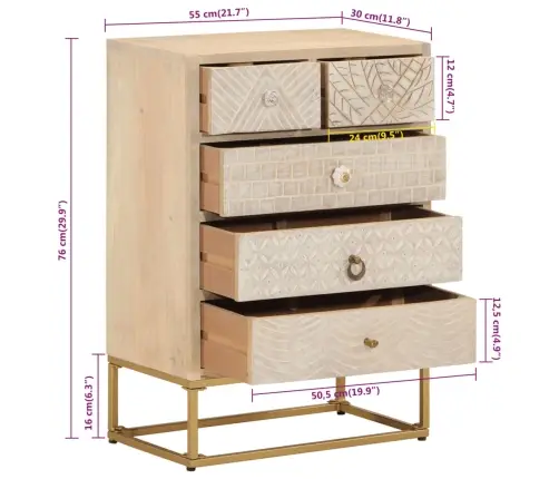 Kumode Ar Atvilktnēm, 55X30X76 Cm, Mango Masīvkoks, Dzelzs Vidaxl