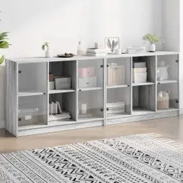 Grāmatu Plaukts Ar Durvīm, Pelēks, 204X37X75 Cm, Koks Vidaxl
