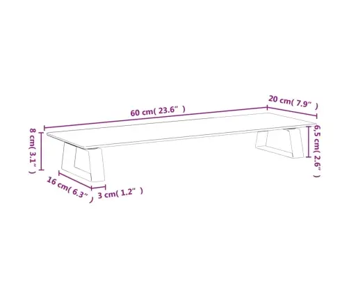 Monitora Statīvs, 60X20X8 Cm, Balts, Rūdīts Stikls, Metāls Vidaxl