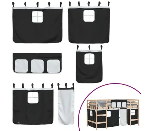 Bērnu Gulta Ar Aizkariem, Melni Ar Baltu, 80X200 Cm, Priede Vidaxl