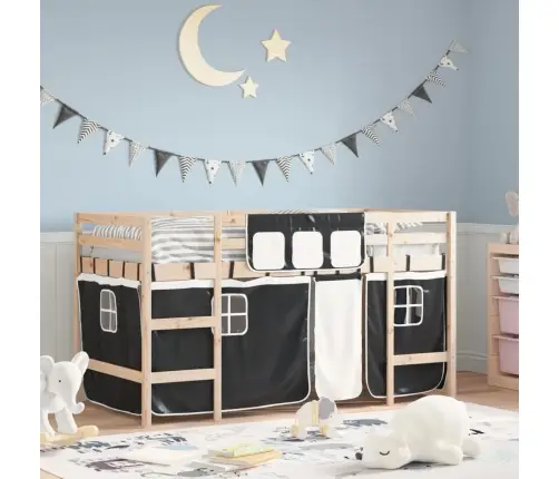 Bērnu Gulta Ar Aizkariem, Melni Ar Baltu, 80X200 Cm, Priede Vidaxl
