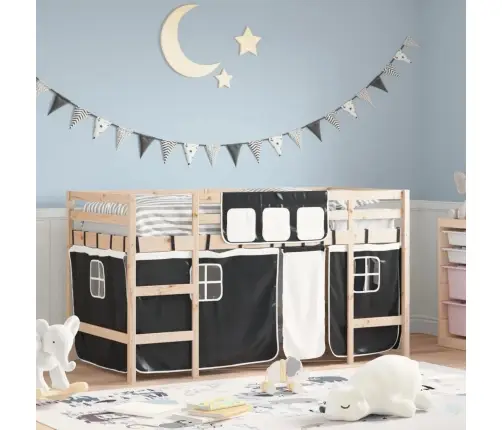 Aukšta Lova Su Užuolaidomis, Balta/Juoda, 90X200cm Pušis