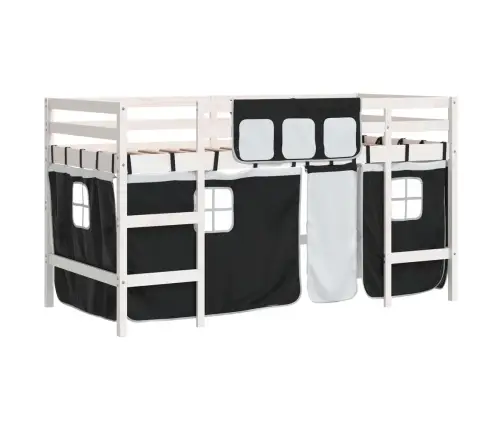 Laste Kõrge Voodi Kardinatega, Valge/Must, 90X200 cm Männipuit
