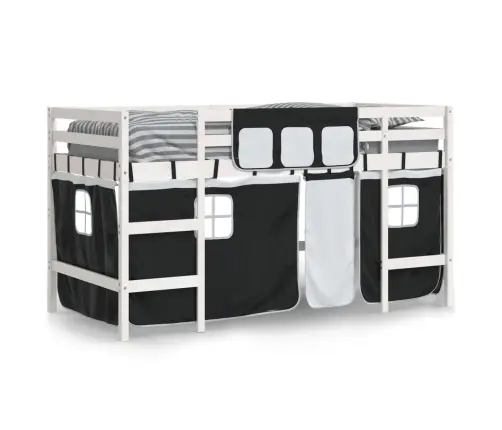 Laste Kõrge Voodi Kardinatega, Valge/Must, 90X200 cm Männipuit