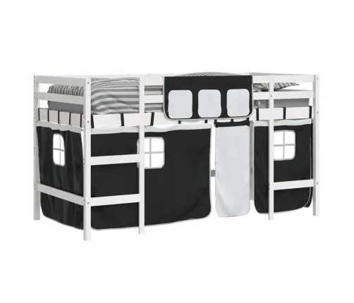 Laste Kõrge Voodi Kardinatega, Valge/Must, 90X200 cm Männipuit