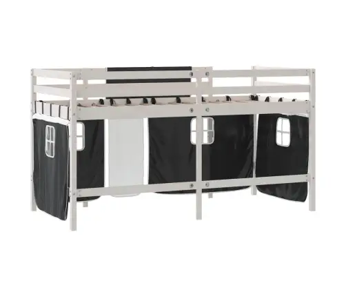 Laste Kõrge Voodi Kardinatega, Valge/Must, 90X200 cm Männipuit