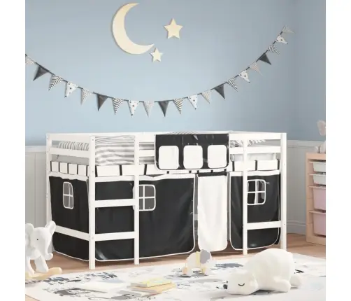 Laste Kõrge Voodi Kardinatega, Valge/Must, 90X200 cm Männipuit