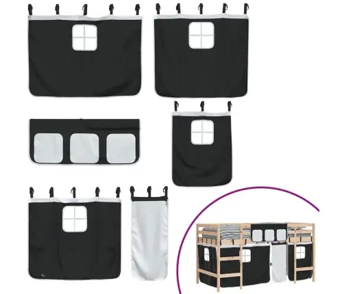 Laste Kõrge Voodi Kardinatega, Valge/Must, 90X190 cm Männipuit