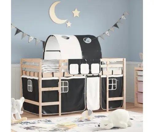Bērnu Augstā Gulta Ar Tuneli, Melni Balta, 80X200 Cm, Priede Vidaxl
