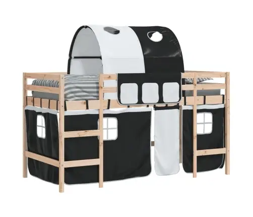 Bērnu Augstā Gulta Ar Tuneli, Melni Balta, 90X190 Cm, Priede Vidaxl