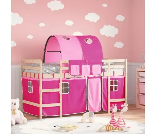 Aukšta Vaikiška Lova Su Tuneliu, Rožinė, 90X190cm Pušis
