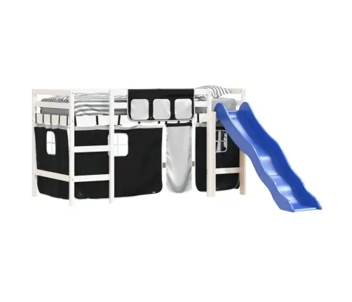 Laste Kõrge Voodi Kardinatega, Valge/Must, 80X200 cm Männipuit