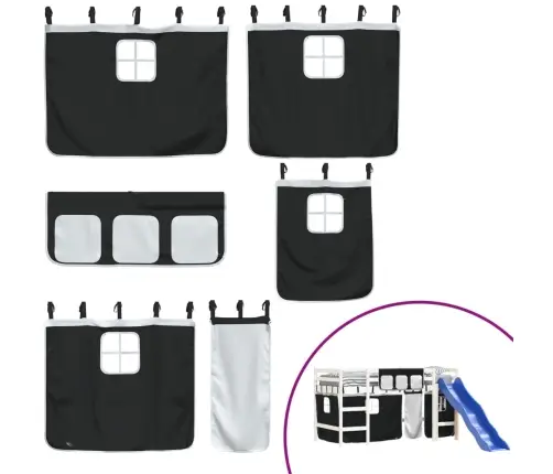 Laste Kõrge Voodi Kardinatega, Valge/Must, 80X200 cm Männipuit