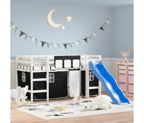 Laste Kõrge Voodi Kardinatega, Valge/Must, 80X200 cm Männipuit