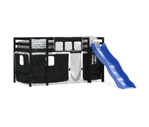 Bērnu Gulta Ar Aizkariem, Melni Ar Baltu, 80X200 Cm, Priede Vidaxl