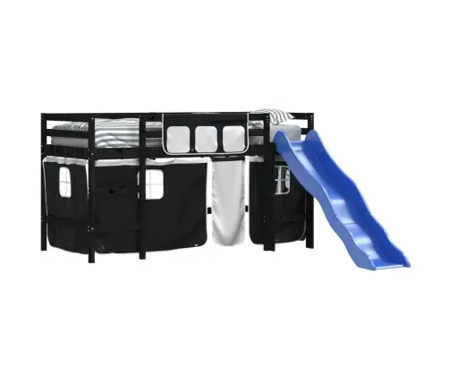 Bērnu Gulta Ar Aizkariem, Melni Ar Baltu, 80X200 Cm, Priede Vidaxl