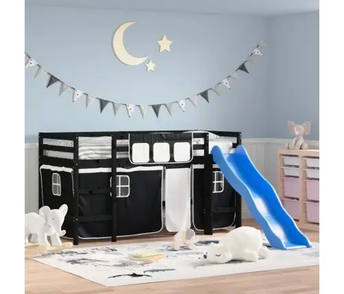 Bērnu Gulta Ar Aizkariem, Melni Ar Baltu, 80X200 Cm, Priede Vidaxl