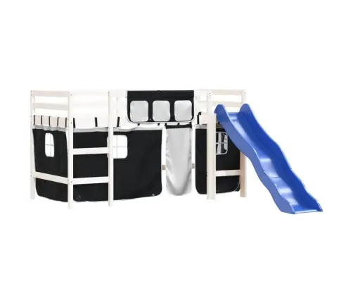 Laste Kõrge Voodi Kardinatega, Valge/Must, 90X190 cm Männipuit