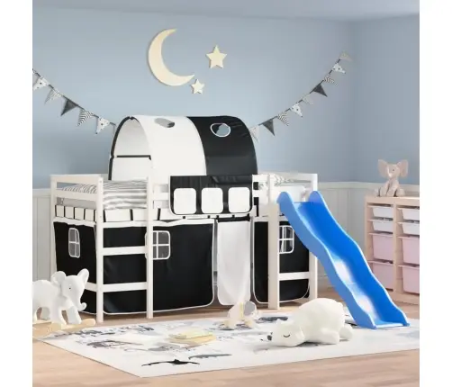Laste Kõrge Voodi Tunneliga, Valge/Must, 80X200 cm Männipuit