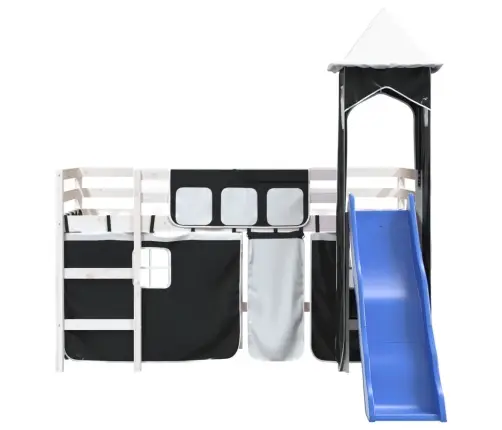 Aukšta Vaikiška Lova Su Bokštu, Balta/Juoda, 80X200cm Pušis