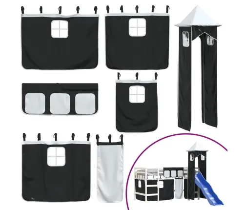 Aukšta Vaikiška Lova Su Bokštu, Balta/Juoda, 80X200cm Pušis