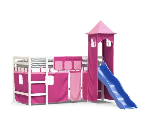 Aukšta Vaikiška Lova Su Bokštu, Rožinė, 80X200cm Pušis