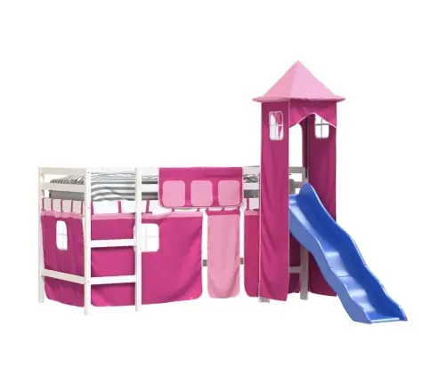 Aukšta Vaikiška Lova Su Bokštu, Rožinė, 80X200cm Pušis