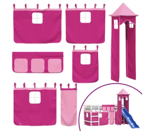 Aukšta Vaikiška Lova Su Bokštu, Rožinė, 80X200cm Pušis