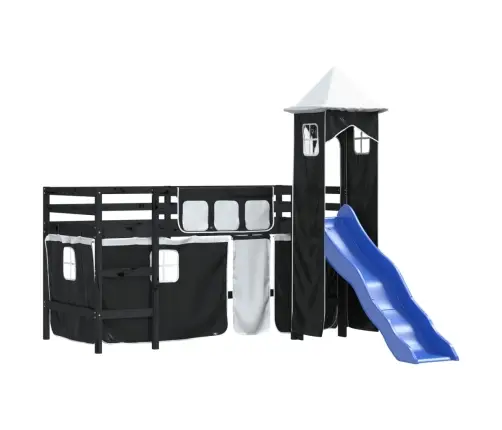 Bērnu Augstā Gulta Ar Torni, Melni Balta, 80X200 Cm, Priede Vidaxl