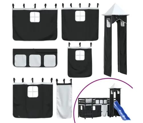 Bērnu Augstā Gulta Ar Torni, Melni Balta, 80X200 Cm, Priede Vidaxl