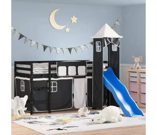 Bērnu Augstā Gulta Ar Torni, Melni Balta, 80X200 Cm, Priede Vidaxl